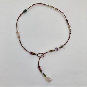 Vintage Wrap Around Loop Choker Tassel Beaded Gemstone Necklace Brown Green Pink
